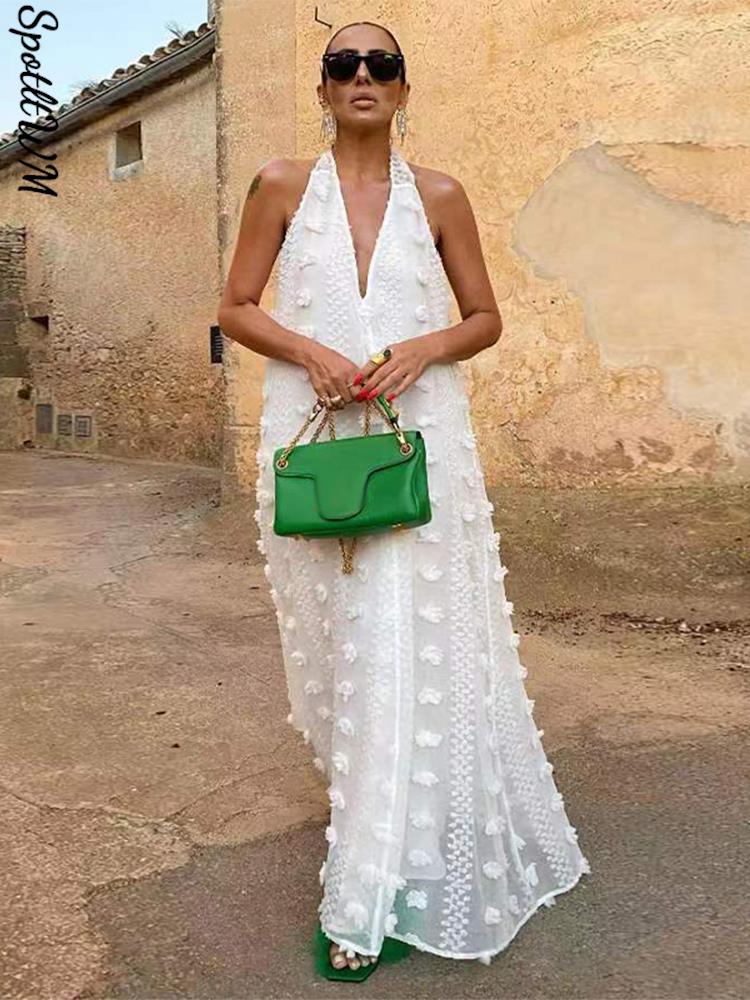Sleeveless Halter Dress Women V Neck Backless Beach Long Robe 2022 Lace Up Floral Holiday Sundress Female Streamer Party Dresses